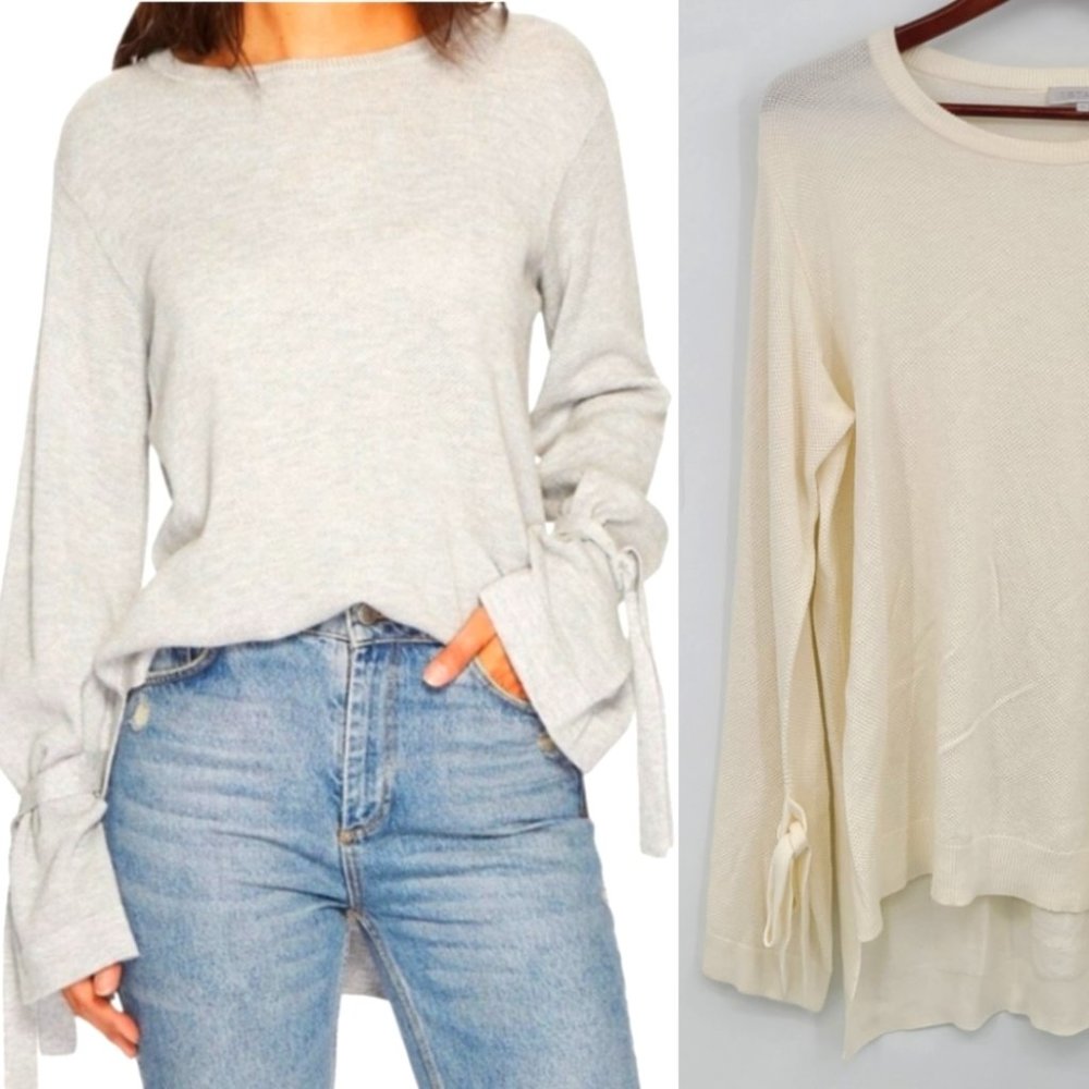 1. State Crewneck Tie-Sleeve Sweater in Light Gray/Cream